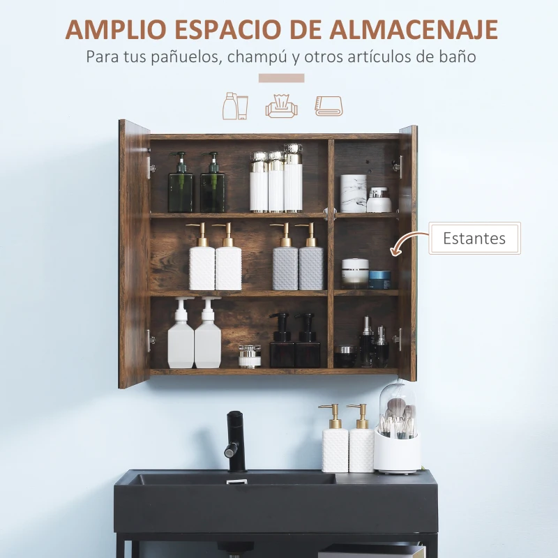 kleankin Armario con Espejo de Baño con Luz LED Mueble de Baño Colgante con Interruptor Táctil 70x15x65cm Marrón Rústico