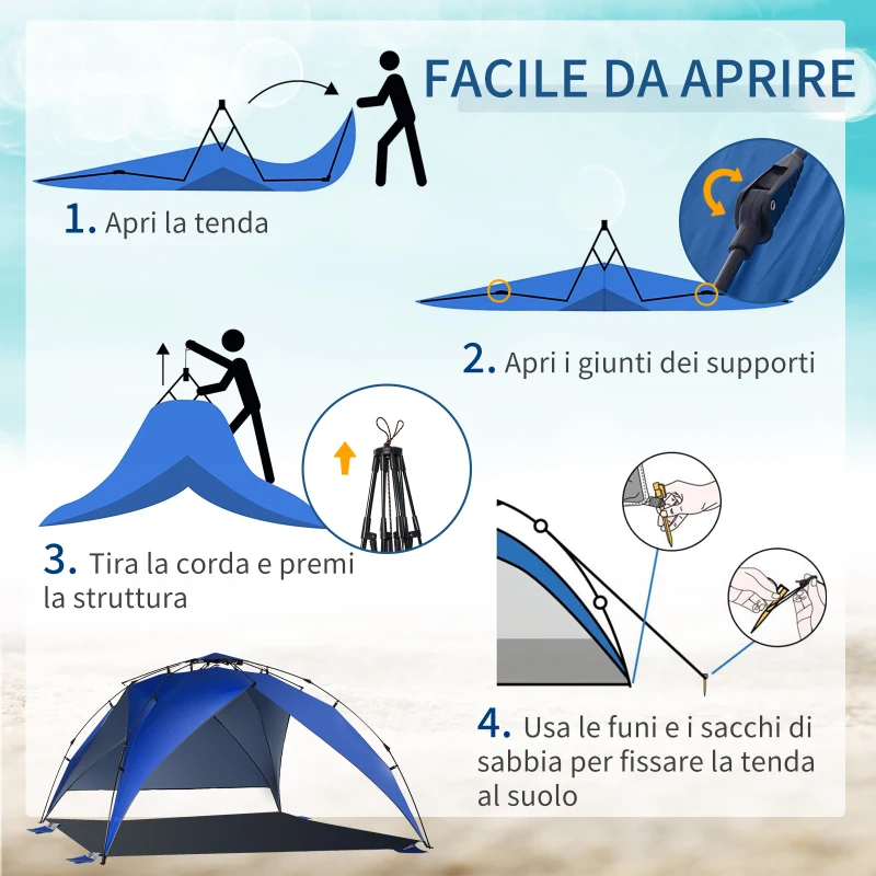 Outsunny Tenda da Spiaggia Pop Up per 4-6 Persone con Protezione UV, Borsa di Trasporto, 247x247x145cm, Blu