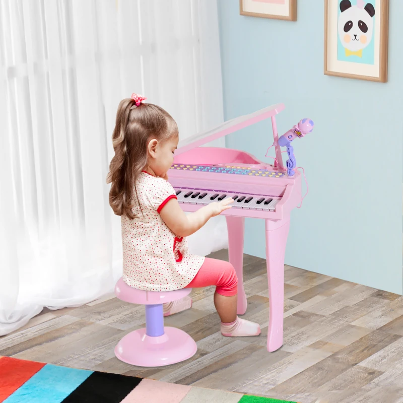 HOMCOM 37 Keys Kids Mini Electronic Keyboard Children Grand Piano with Stool Microphone Light Musical Instrument Educational Game Toy Set (Pink)