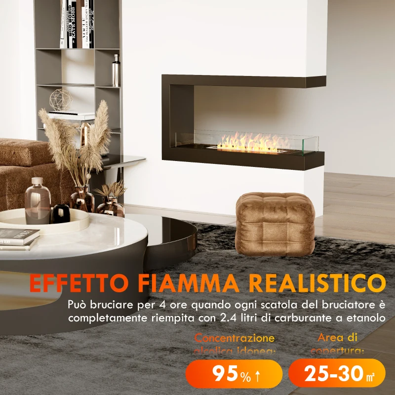 HOMCOM Camino Bioetanolo a 3 Lati con Bruciatore da 2.4L e Durata 4 Ore, Copertura 30㎡, 100x30x55cm, Nero