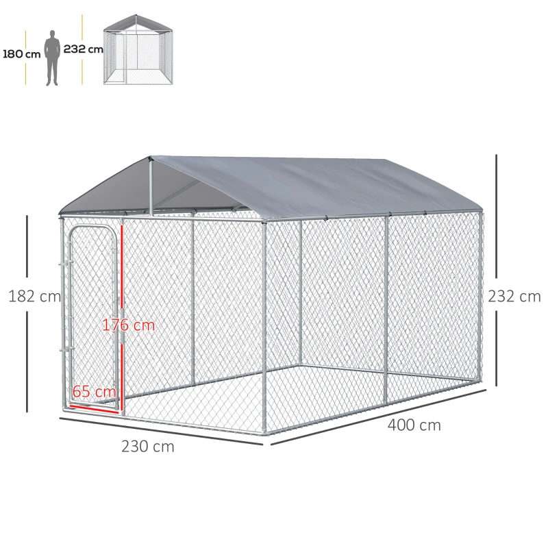 PawHut Kennel per Cani in Metallo Galvanizzato con Tettuccio in Tessuto Oxford e Porta con Blocco, 400x230x232cm, Argento