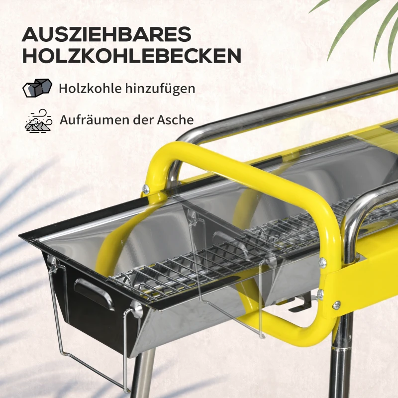 Outsunny Kohlegrill, Klappgrill, 2 x Grillrost, Grillplatte, herausnehmbare Schale, rostfreier Stahl, 85 x 43 x 72 cm, Gelb