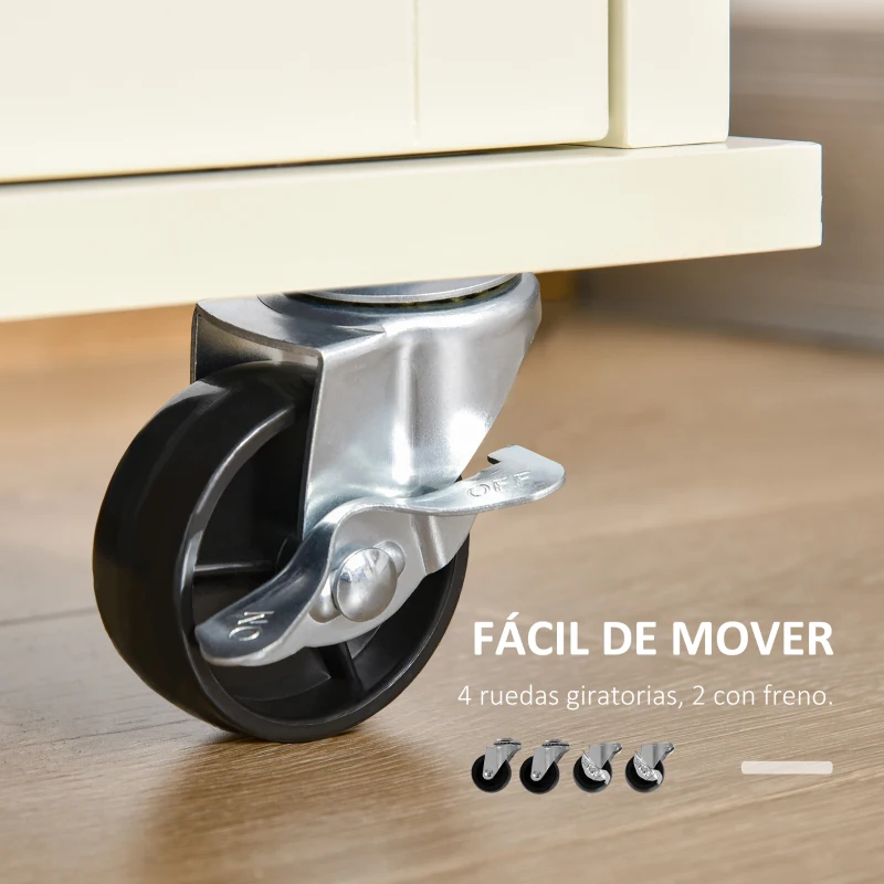 HOMCOM Carrito de Cocina Multifuncional con Ruedas 2 Puertas Correderas 2 Cajones y Barra de Colgar 110x49,5x89,5 cm Crema