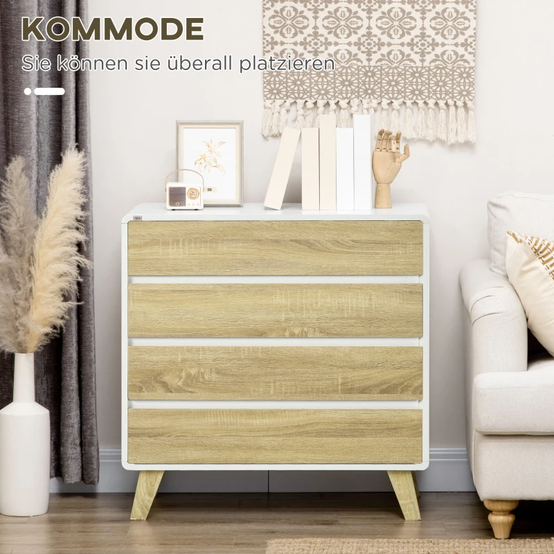 HOMCOM Kommode mit 4 Schubladen, MDF, Kantengriffe, 80 cm x 40 cm x 79,5 cm, Weiß + Natur