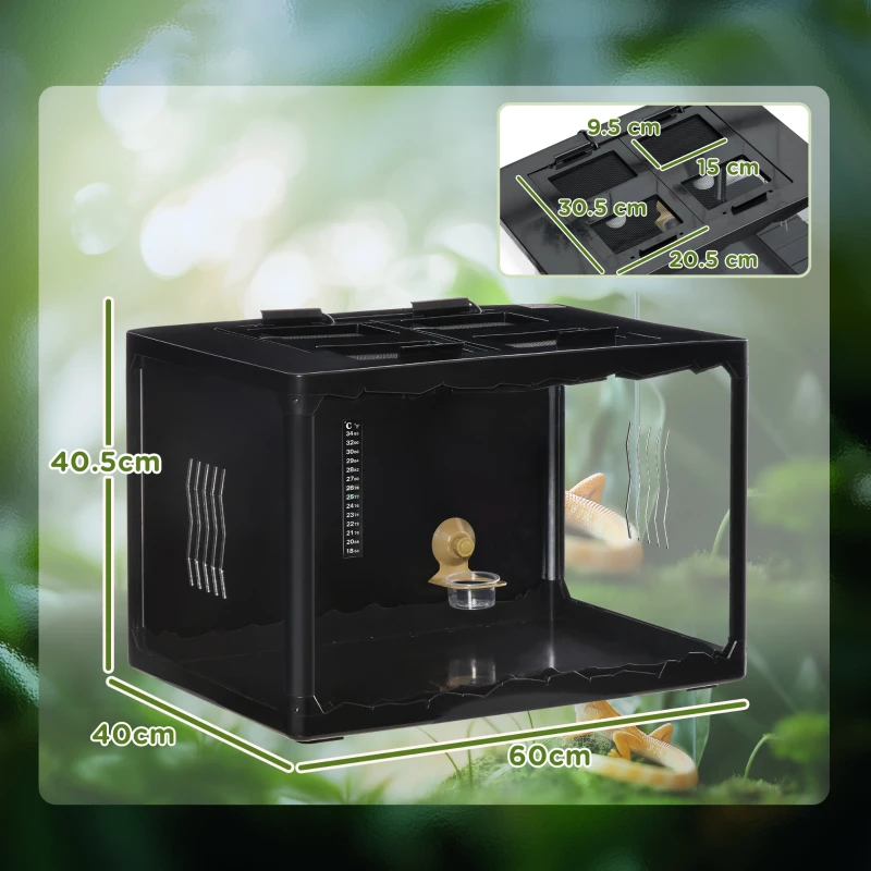 PawHut Terrario per Tartarughe di Terra e Rettili con Termometro 18-34℃, 60x40x40.5 cm, Nero