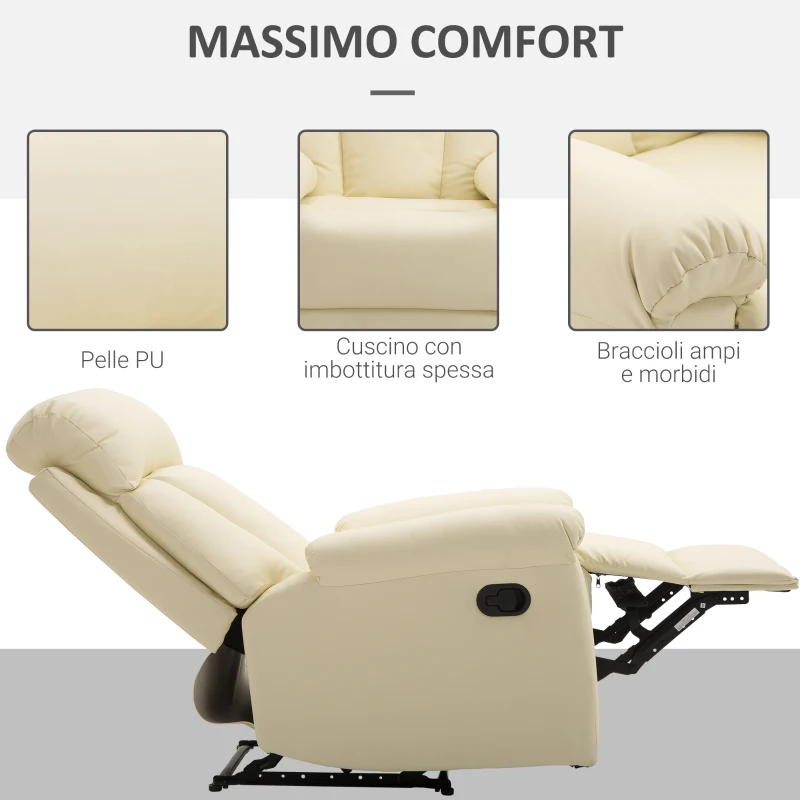 HOMCOM Poltrona Relax Reclinabile Imbottita Ergonomica con Poggiapiedi Pelle PU 80 x 97 x 107cm Crema