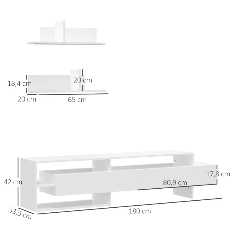 HOMCOM Mueble de Salón para TV con Mesa para Televisor 180x33,5x42 cm y 2 Estantes de Pared 65x20x20 cm Blanco