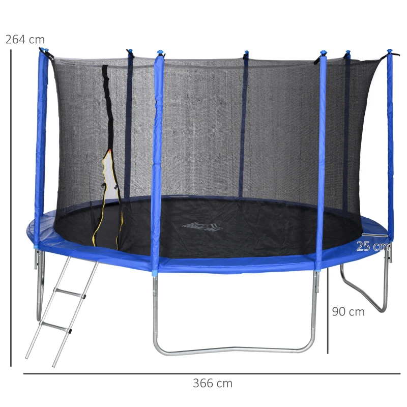 HOMCOM Trampoline rond Ø 366 cm avec filet de protection, capacité 150 kg pour adultes et enfants - bleu et noir