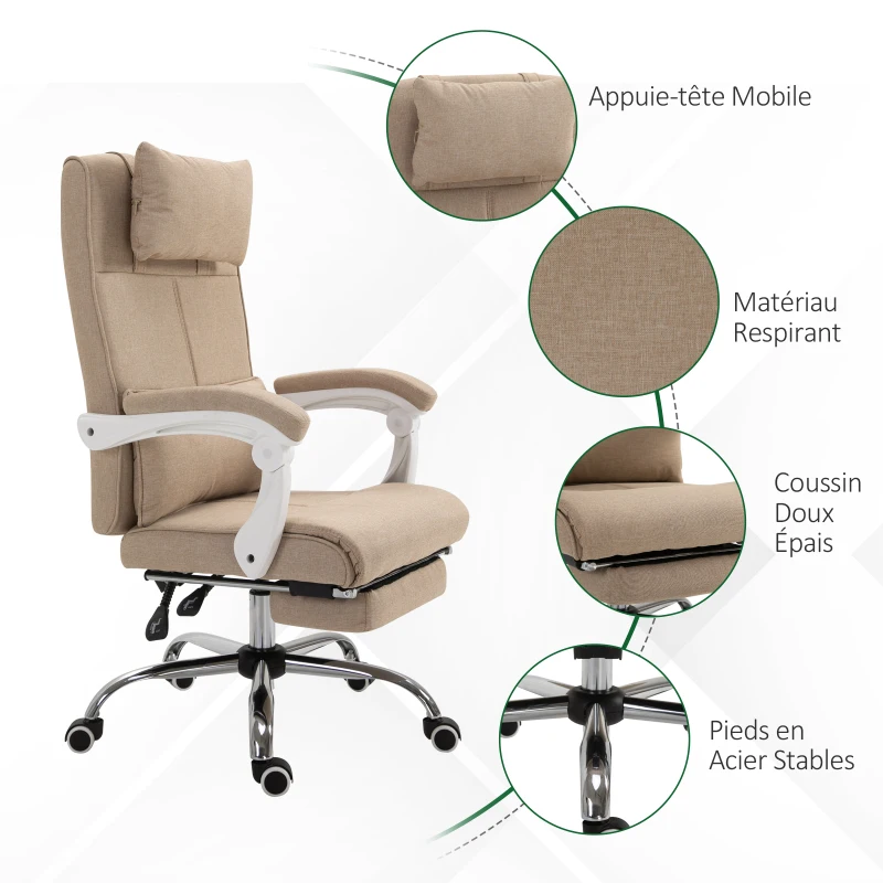 HOMCOM Fauteuil de Bureau Chaise de Bureau Ergonomique avec Repose-Pieds Rétractable, Dossier inclinable, tétière et Soutien des Lombaires, Réglable en Hauteur, en tissu Beige