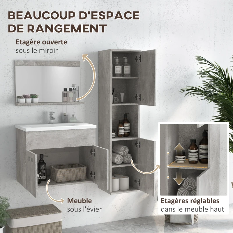 kleankin Ensemble de meubles de salle de bain 3 pièces miroir étagère + meuble vasque + meuble colonne suspendus, gris