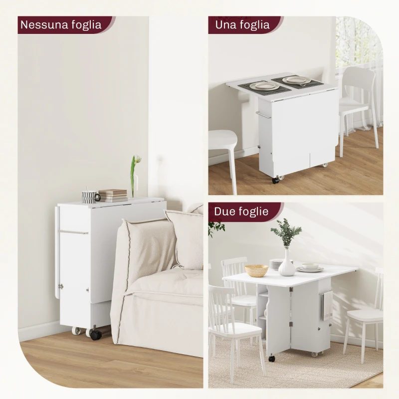 HOMCOM Tavolo a Ribalta Pieghevole con Ripiani a 3 Livelli, Box e Rotelle, in MDF, 130x80x76.5 cm, Bianco