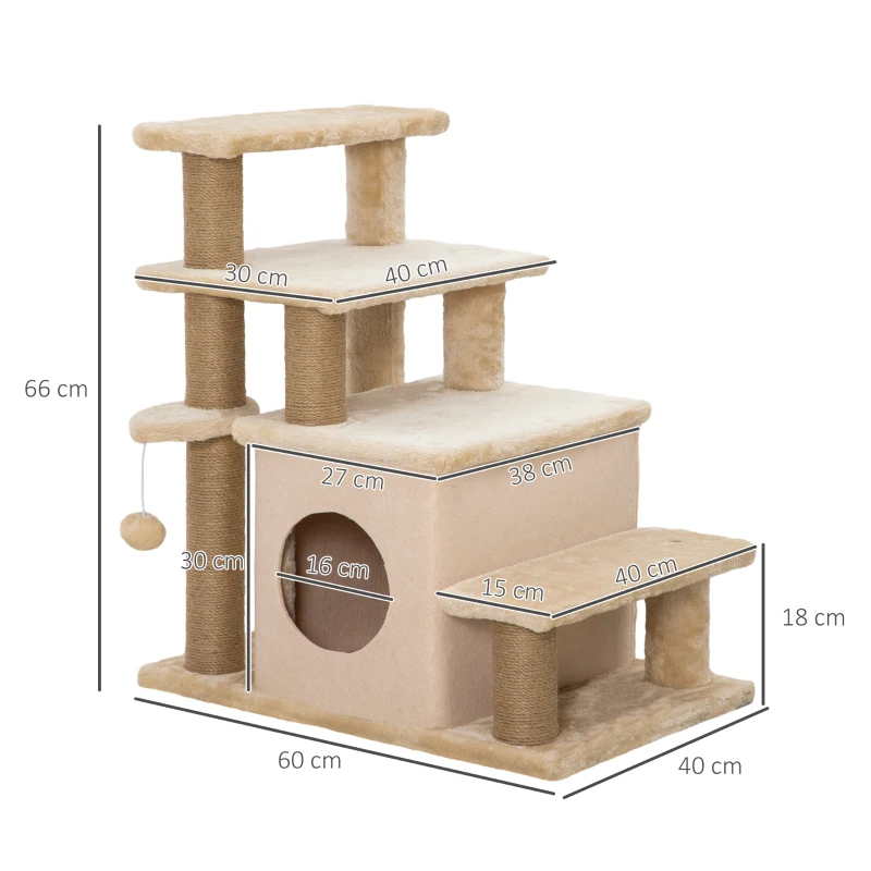 PawHut Haustiertreppe, Kratzbaum, 4 Stufen, Spielball, Häuschen, höhenverstellbar, 60 x 40 x 66 cm, Beige(m-3)
