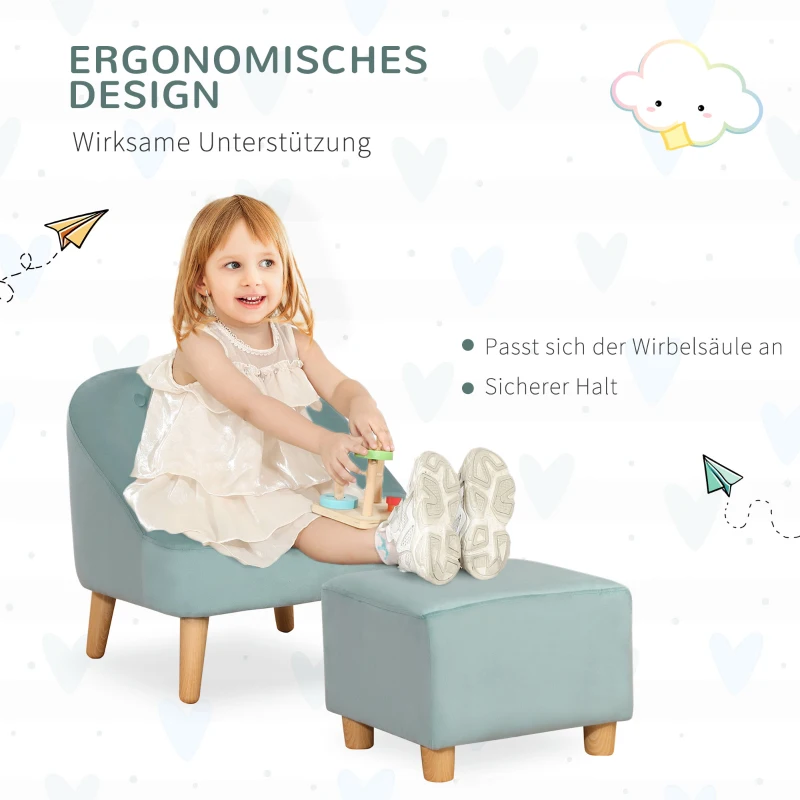 HOMCOM Kindersessel mit Ottomane für Kinder von 3 bis 5 Jahren Niedliches Design Samtoptik 51 cm x 51 cm x 50 cm Grün