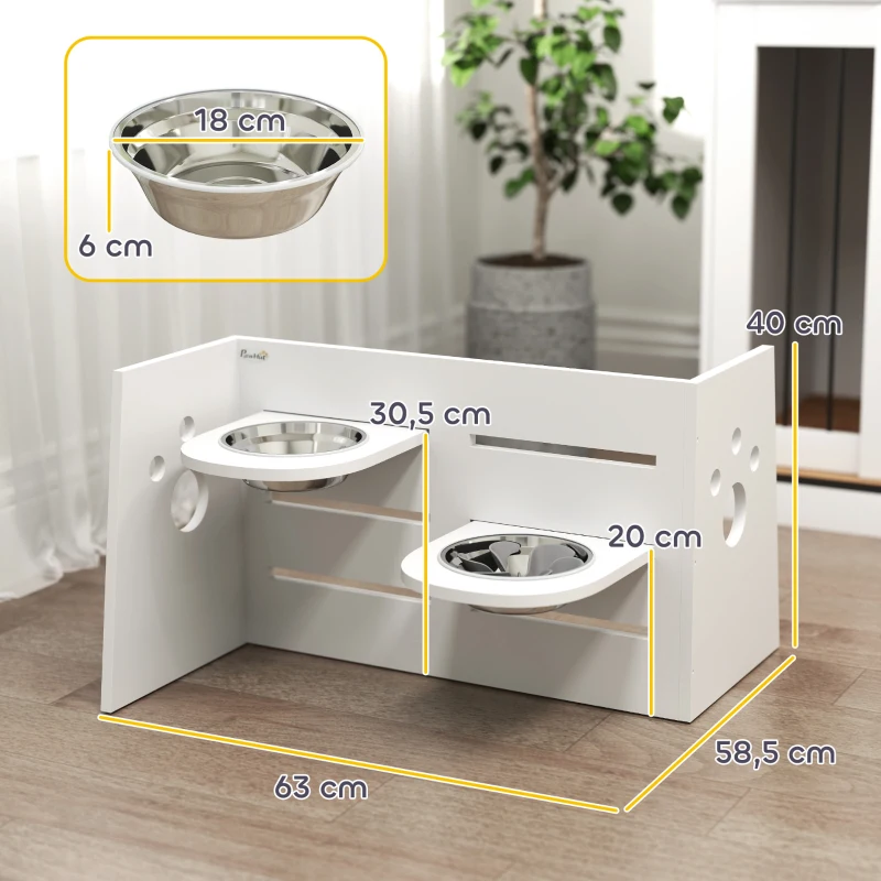 PawHut Comedero Elevado Doble para Perros con Altura Ajustable y Sistema de Alimentación Lenta 63x58,5x40 cm Blanco