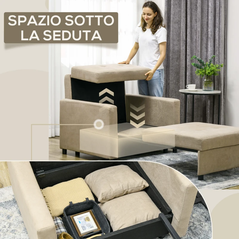 HOMCOM Poltrona Letto in Tessuto Effetto Velluto Marrone Chiaro con 2 Cuscini e Spazio Portaoggetti, 100x98x88 cm