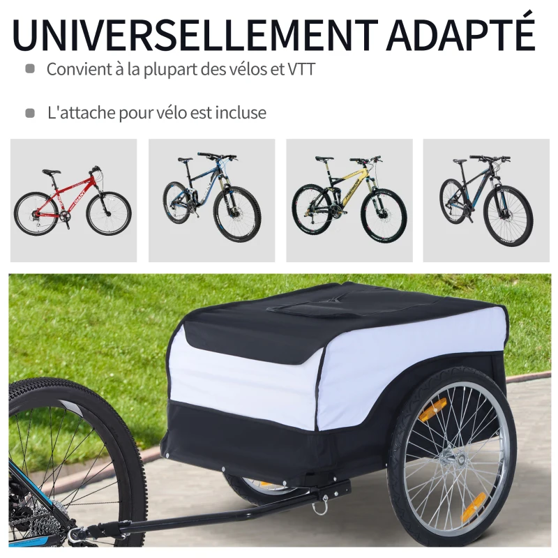 HOMCOM Remorque à vélo cargo en acier avec couvercle amovible et attelage 140 x 77 x 65 cm blanc et noir