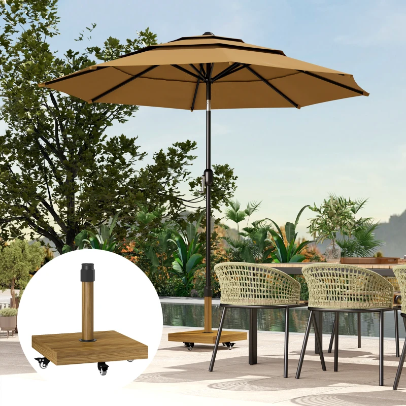 Outsunny Stojak na parasol ogrodowy z kółkami, bazą w kolorze drewna, mobilna podstawa na parasol, Metal, Beton, Jasnobrązowy