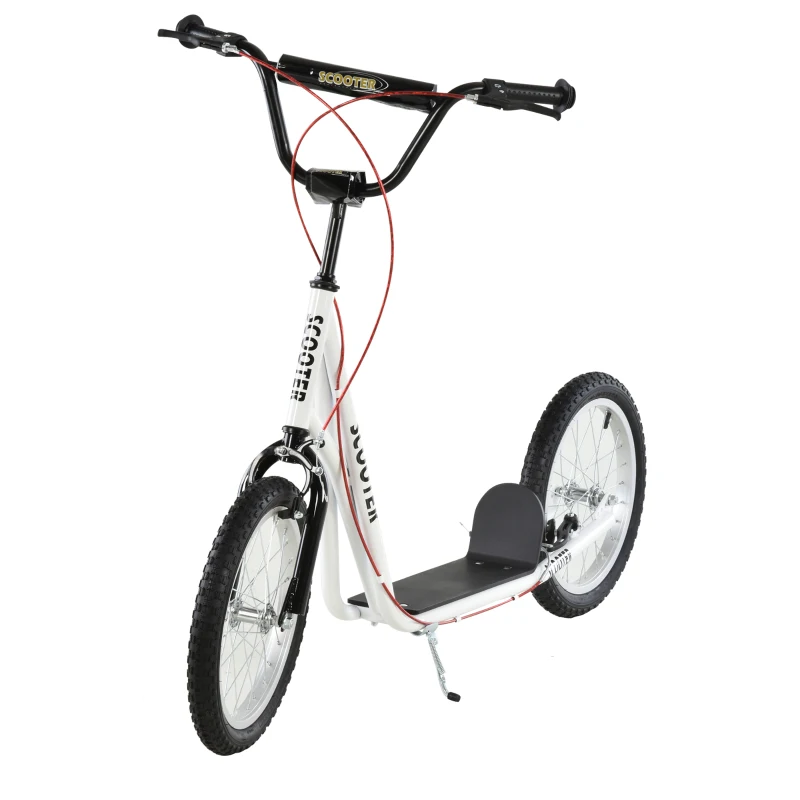 HOMCOM Scooter Patinete para Niños +5 Años y Adolescentes con Manillar Ajustable en Altura 2 Neumáticos de Caucho Inflable con Doble Freno y Ruedas 16" Carga 100 kg 139x58x90-96 cm Blanco