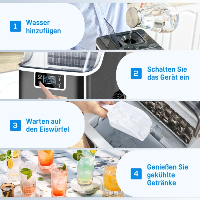 HOMCOM Eiswürfelmaschine Eiswürfelspender Ice-Maker 20kg/24h 2,3L Eiswürfelbereiter mit 3,2 L Wassertank, Schwarz(m-9)