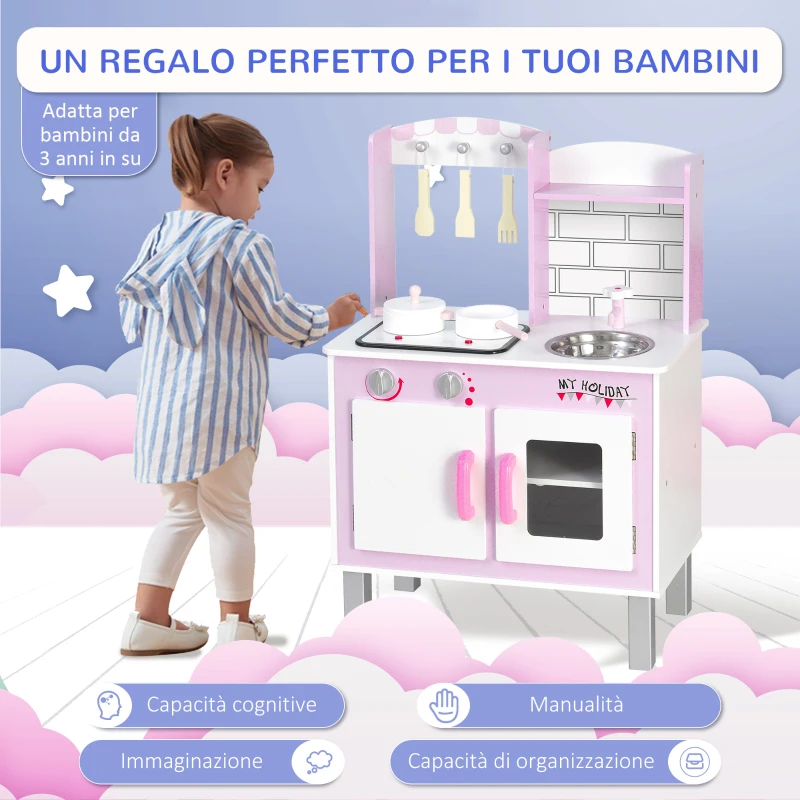 HOMCOM Cucina Giocattolo per Bambini 3+ Anni con 5 Accessori Inclusi, Gioco con Suoni Realistici, Armadietto, 55x30x80cm, Rosa