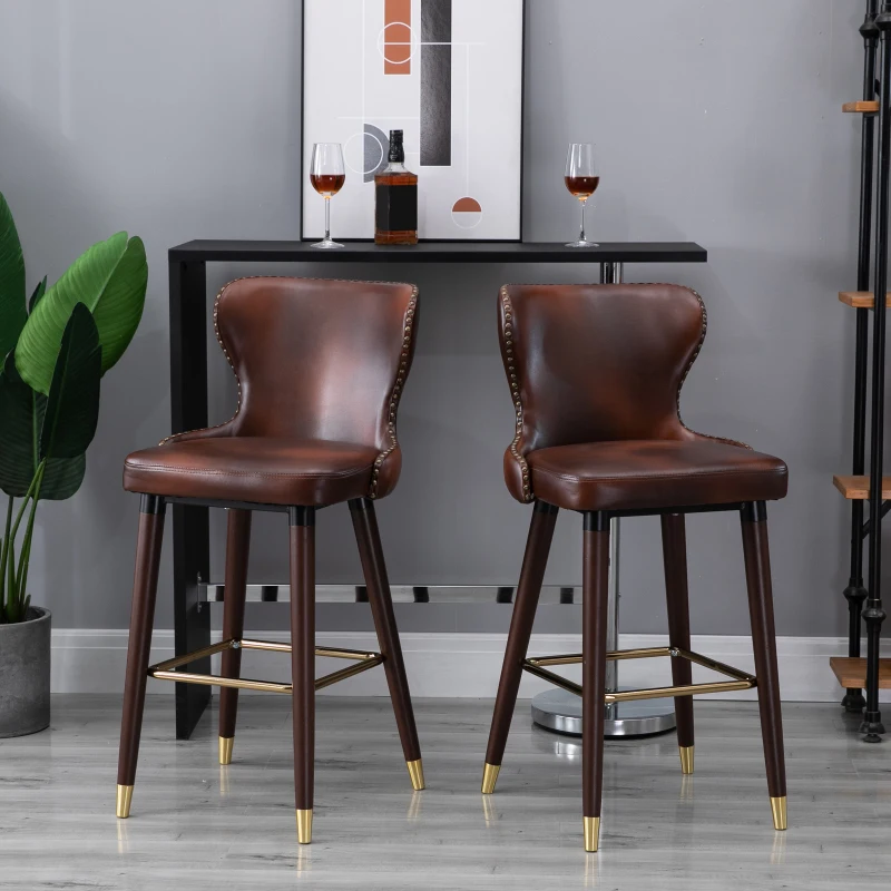 HOMCOM Set 2 Sgabelli da Bar Alti in Stile Industriale con Schienale e Poggiapiedi, Seduta in Finta pelle e Gambe in Legno, Sgabelli Vintage per Cucina e Ristorante, 52x53x101cm