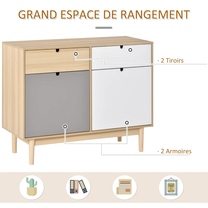 HOMCOM Buffet de Cuisine Commode de Chambre scandinave 2 placards tiroirs coulissants en Bois Multicolore Blanc Gris Clair