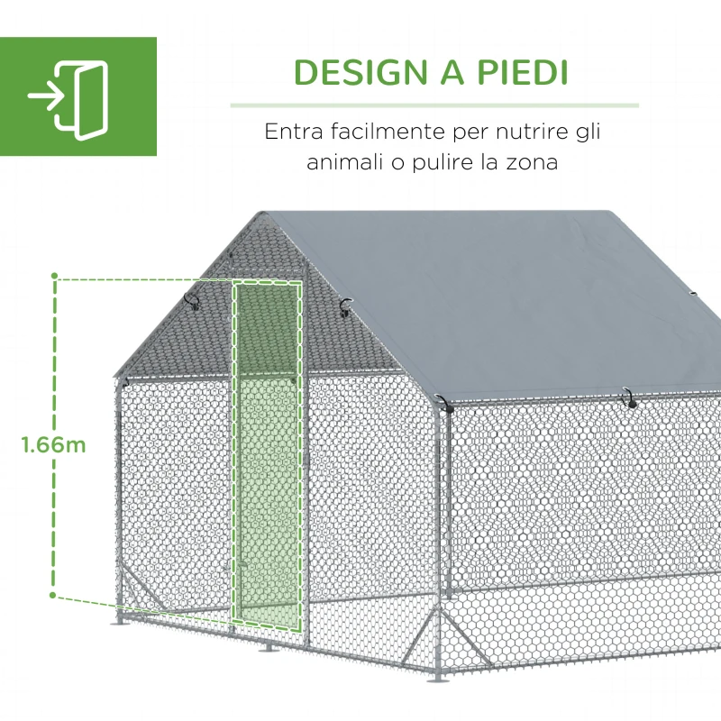 PawHut Pollaio da Giardino per 15-18 Galline in Acciaio Zincato e PE con Tettoia e Serratura, 600x300x195 cm