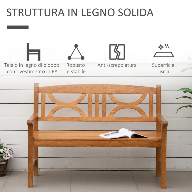 Outsunny Panchina da Giardino in Legno a 2 Posti con Schienale Decorato 123x61x89.5cm, Colore Naturale