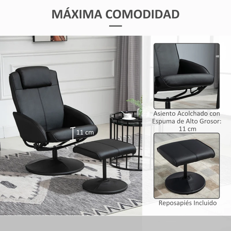 HOMCOM Sillón Reclinable con Reposapiés con Tapizado en PU y Estructura de Acero Carga 120 kg Negro