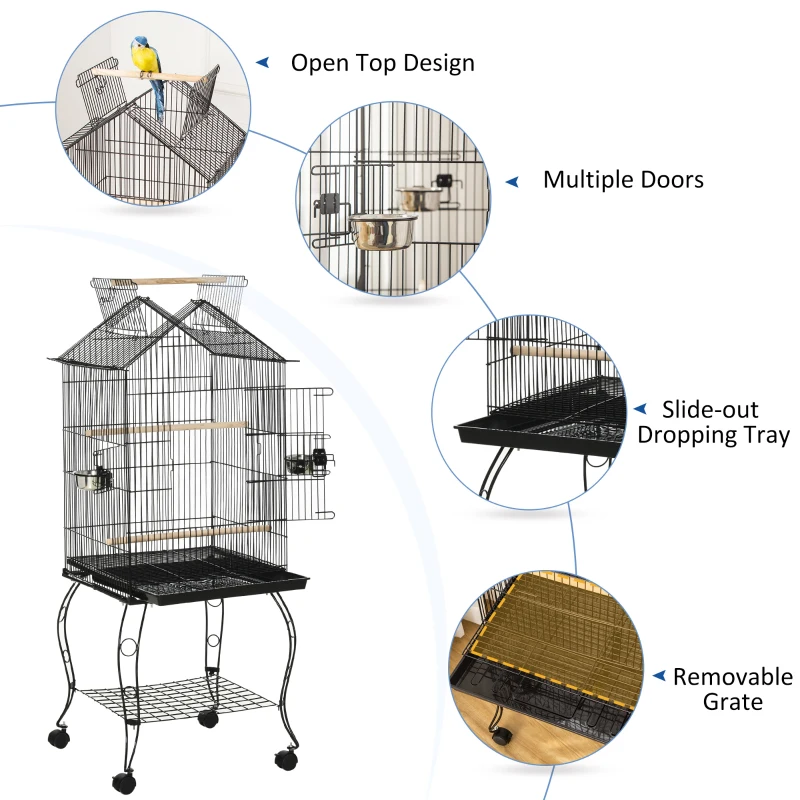 PawHut Large Metal Bird Parrot Cage Budgie Cage Aviary Finch Cockatiel Birds Stand Feeding Station Stand w/ Wheels 53L x 53W x 147H cm