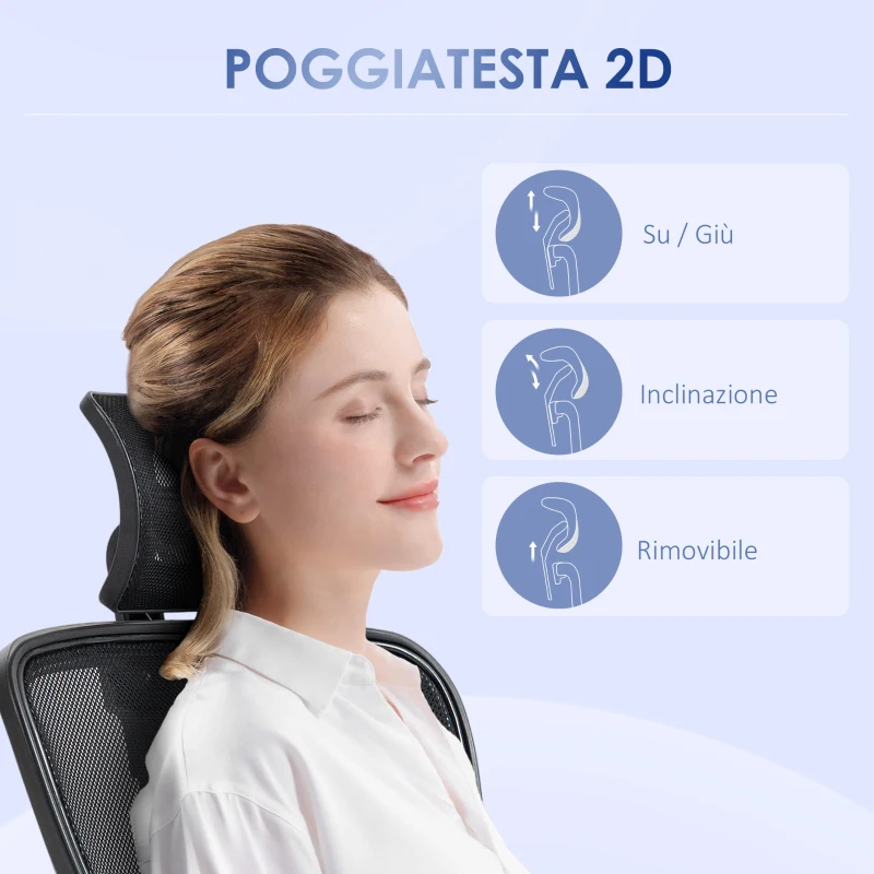 Vinsetto Sedia da Ufficio Ergonomica con Altezza Regolabile, Supporto Lombare e Poggiatesta, 66x61x106-116cm Nero