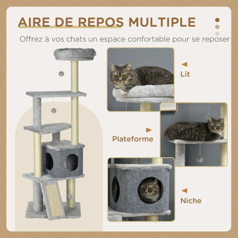 PawHut Arbre à chat arbre à grimper pour chat multi-équipements griffoirs 4 plate-formes 1 niche 1 panier hauteur 146 cm gris