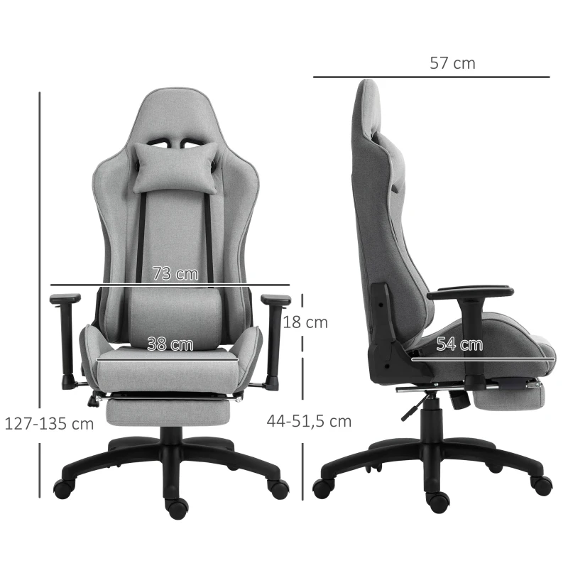 Vinsetto Bürostuhl Computerstuhl Drehstuhl mit abnehmbarem Kopf- und Lendenkissen Wippenfunktion ergonomischer Schreibtischstuhl drehbar höhenverstellbar mit Fußstütze PP Grau 73x57x127-135 cm