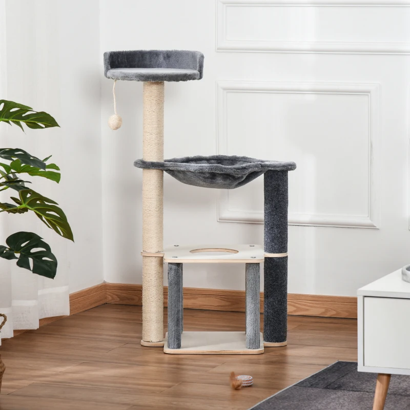 PawHut Albero Tiragraffi per Gatti Alto 95cm, Palestra per Gatti di Multilivelli con Casetta, Amaca, Pallina da Gioco, Cuccia e Corde in Sisal, 48x34x95cm, Grigio