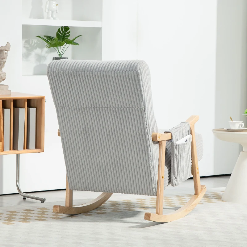 HOMCOM Silla Mecedora de Pana con Patas y Reposabrazos de Madera de Caucho Cojín Lumbar y Bolsillo Carga 120 kg Gris