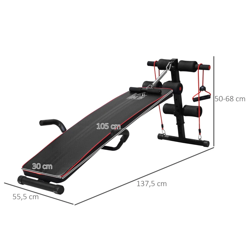 HOMCOM Banco de Abdominales Altura Ajustable Banco de Musculación Multifuncional para Fitness Entrenamiento de Espalda Abdominal Piernas Carga 120kg con 2 Cuerdas y 1 Tirador de Resorte