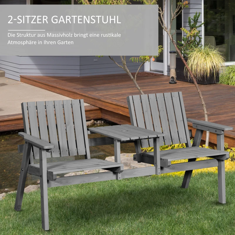 Outsunny Gartenbank mit Tisch, Sitzgruppe, Gartenmöbel, mit Regenschirmloch, Sitzbank, 2 Stühle, Massivholz, Grau, 152 x 70 x 83 cm