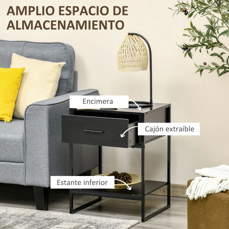 HOMCOM Mesilla de Noche Mesa Auxiliar con 1 Cajón y Estante de Almacenamiento para Dormitorio Salón Oficina 45x40x60 cm Negro