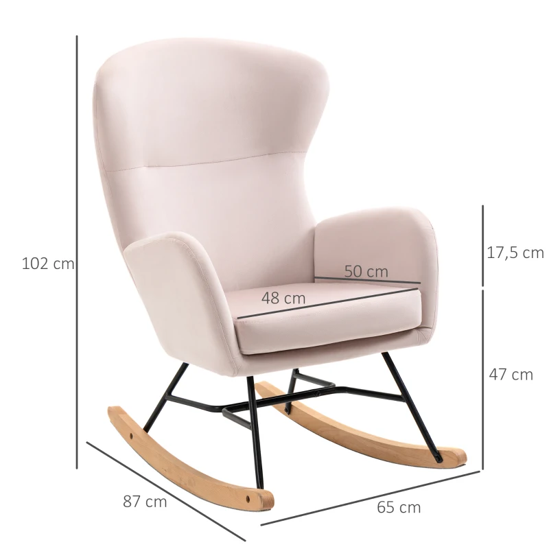 HOMCOM Silla Mecedora Tapizada en Terciopelo Sillón Balancín Relax con Asiento Acolchado y Reposabrazos 65x87x102cm Rosa
