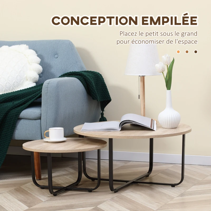 HOMCOM Lot de 2 tables gigognes tables basses rondes style industriel plateau aspect bois clair et piètement en métal noir
