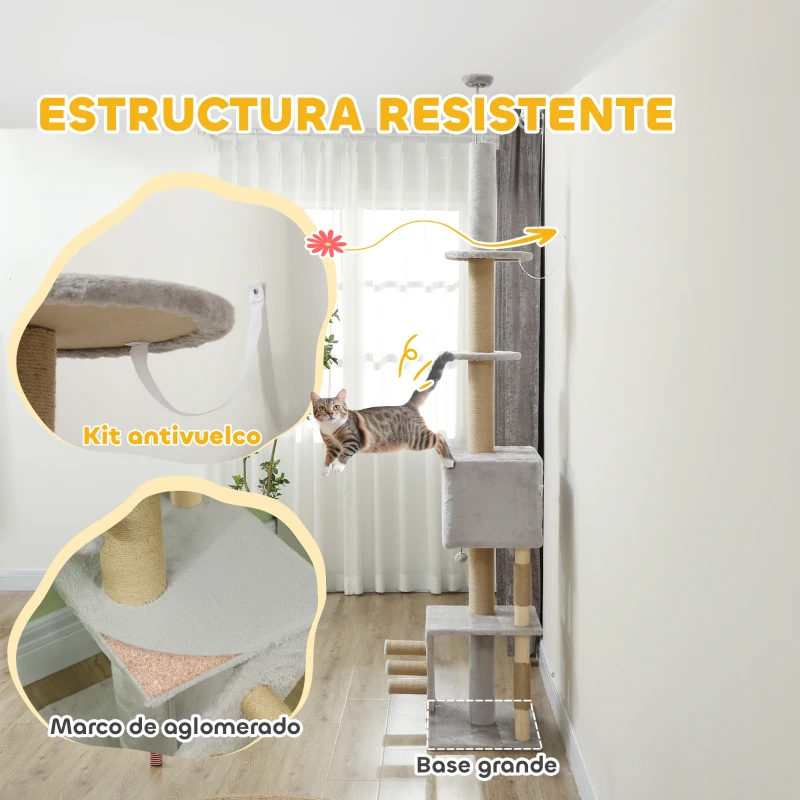 PawHut Árbol para Gatos de Suelo a Techo de 225-255 cm con Altura Ajustable Múltiples Plataformas Escalera Bola Colgante Gris