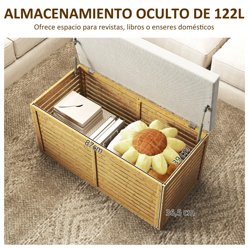 HOMCOM Baúl de Almacenaje 122L Tapizado en Lino Sintético con Cojín Marco de Bambú 90x42x43 cm Gris y Natural