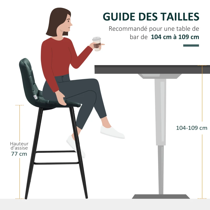 HOMCOM Lot de 2 tabourets de bar design surface en velours capitonné et pieds en acier hauteur 77 cm vert foncé