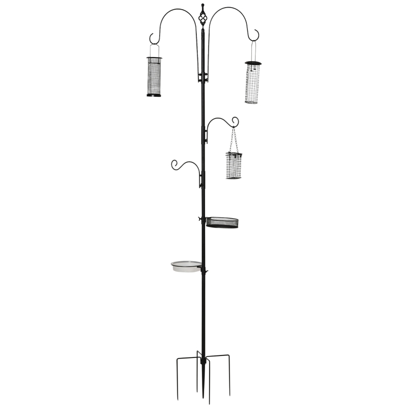 PawHut Vogel Futterstation Set aus Stahl Höhe 208 cm inkl. 4 Haken Vogeltränke Futterteller Vollständiges Futtersäulen Vogelfutterspender Station Schwarz