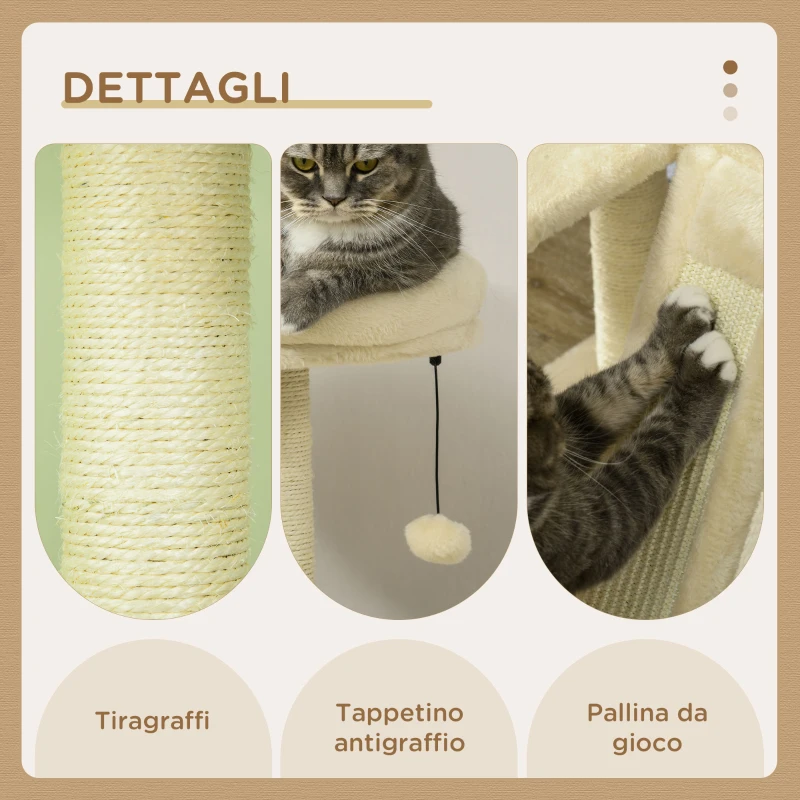 PawHut Albero per Gatti con Casetta, Tiragraffi per Gatti, Posatoio e Paletto, 48.5x48.5x141.5 cm, Beige