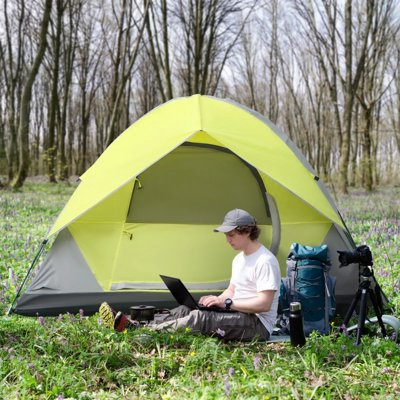 Outsunny Tente de camping 3 personnes tente dôme étanche légère ventilée portes zippées poche de rangement sac de transport inclus fibre verre polyester tissu Oxford 210L x 210l x 119H cm vert et gris
