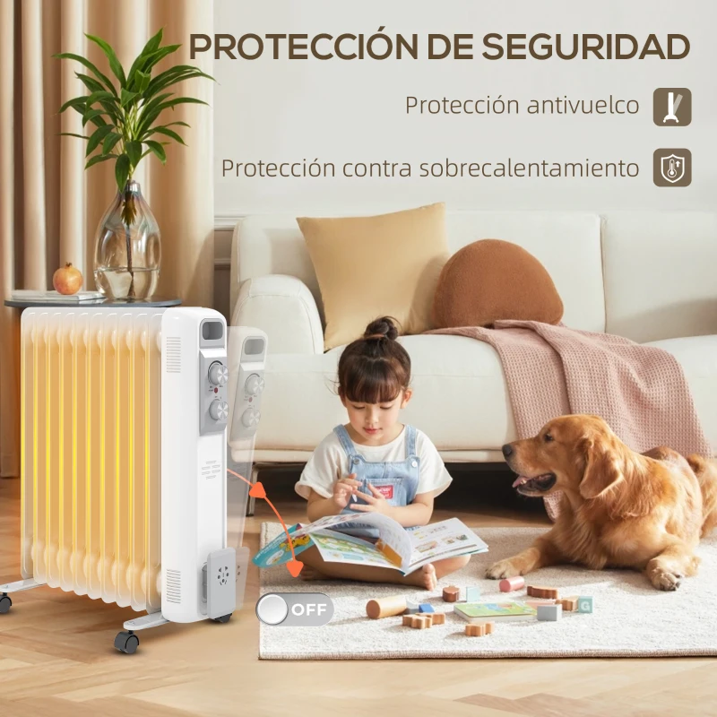 HOMCOM Radiador Aceite Silencioso de 11 Elementos 2500W con Temperatura Ajustable Protección contra Sobrecalentamiento Blanco