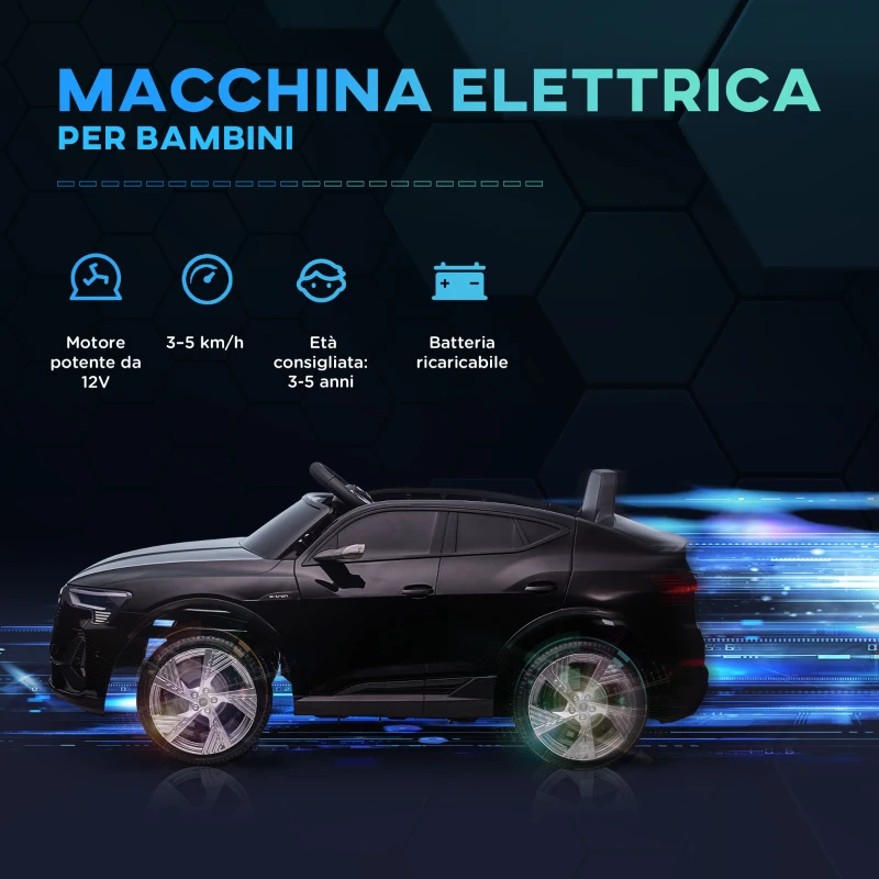 HOMCOM Macchina Elettrica per Bambini 12V con Telecomando, Velocità 3-8km/h, Luci e Musica, Età 3-5 Anni, Nero