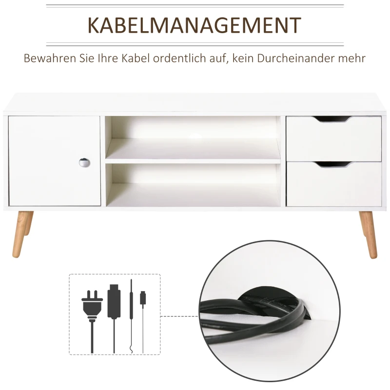 HOMCOM TV Lowboard Fernsehtisch Fernsehschrank für TV bis zu 50" mit Schrank 2 Schubladen Holzfüße Wohnzimmer Weiß 120 x 28 x 44 cm