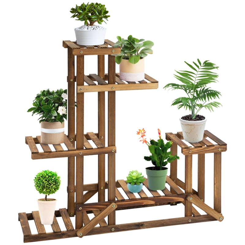 Outsunny Scaffale Porta Piante Asimmetrico a 6 Livelli per Giardino e Casa in Legno, 98x28x96.5cm